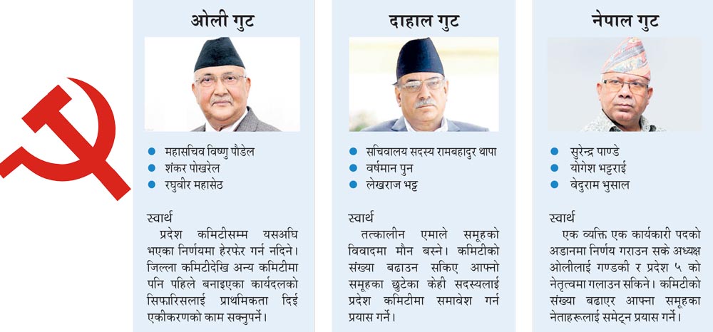चक्रव्यूहमा नेकपा कार्यदल, तीन गुट, तीनथरी कुरा